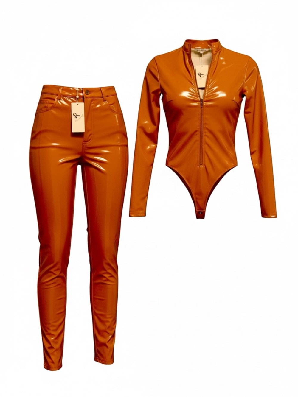 GSUWOO SO REAL | Glossy Vinyl High-Waist Skinny Pants & Zip-Front Bodysuit Set